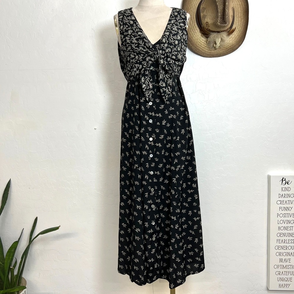 Vintage Robbie Bee Dress 10 Black Floral Rayon Button Front Tie Midi 90s Grunge